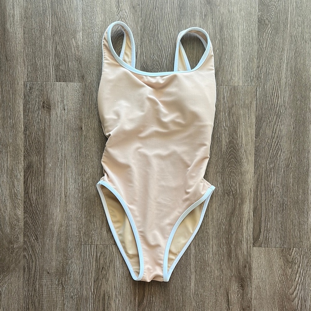 LainSnow Beige One-Piece Swimsuit with White Trim